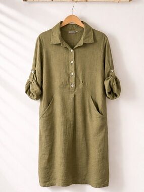 Elena Baldi Pure Linen Olive Green Shirt Dress Collared Pockets Roll Tab M